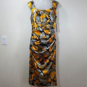 London Times Women's Sleeveless Ruched Floral Black/Yellow Dress NWT , Size 10